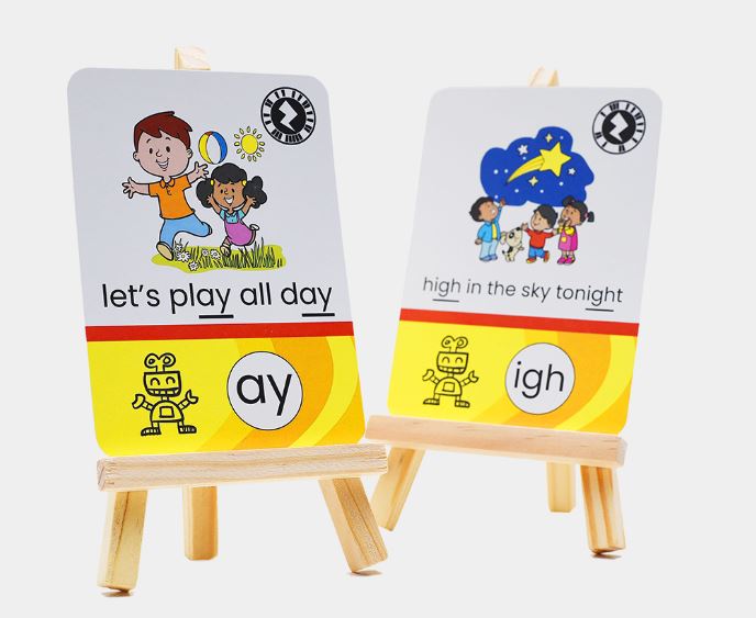 Close up of two Carter's Yard augmented reality talking phonics flashcards 