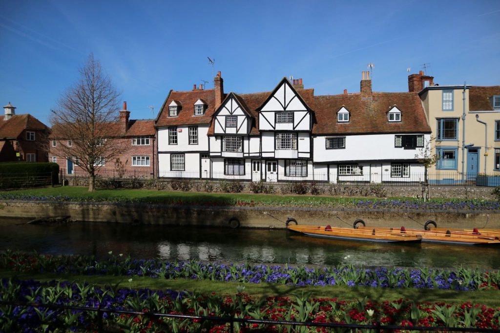 Old Tudor style buildings along the Great Stour in Canterbury 