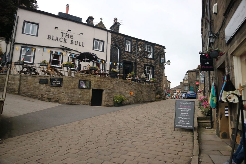 The Black Bull pub in Haworth village centre, start of walk to Bronte Bridge and Top Withens