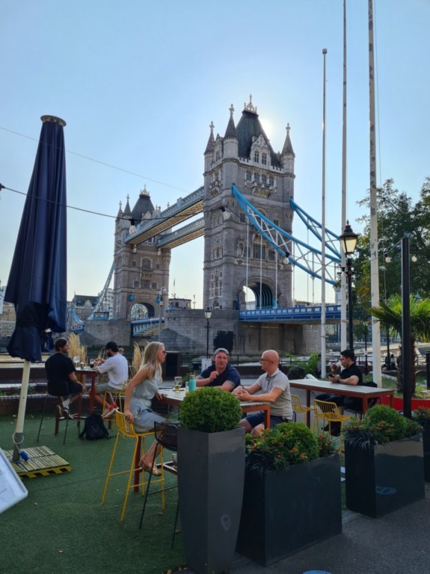 View of Tower Bridge from restaurant on the bank of the Thames